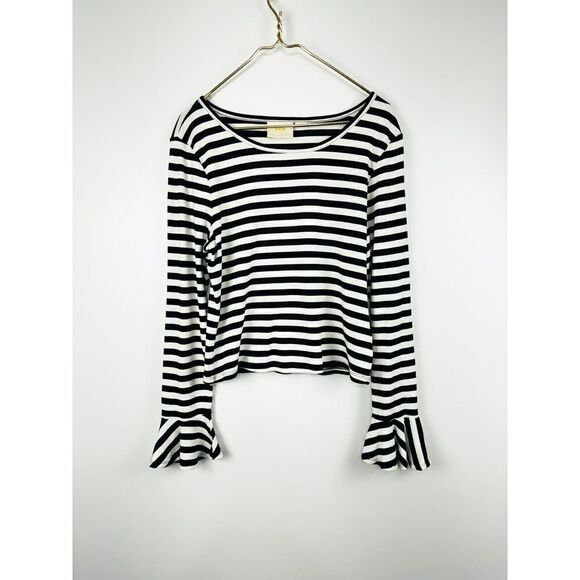 Anthropologie MAEVE Flouncy Top Size Large Stripe Black White Flare Long Sleeve - Picture 2 of 7